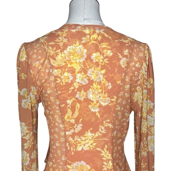 Free People Orange Long Sleeve Sheer Button Up Top Size XS Floral V-neck - Picture 6 of 12
